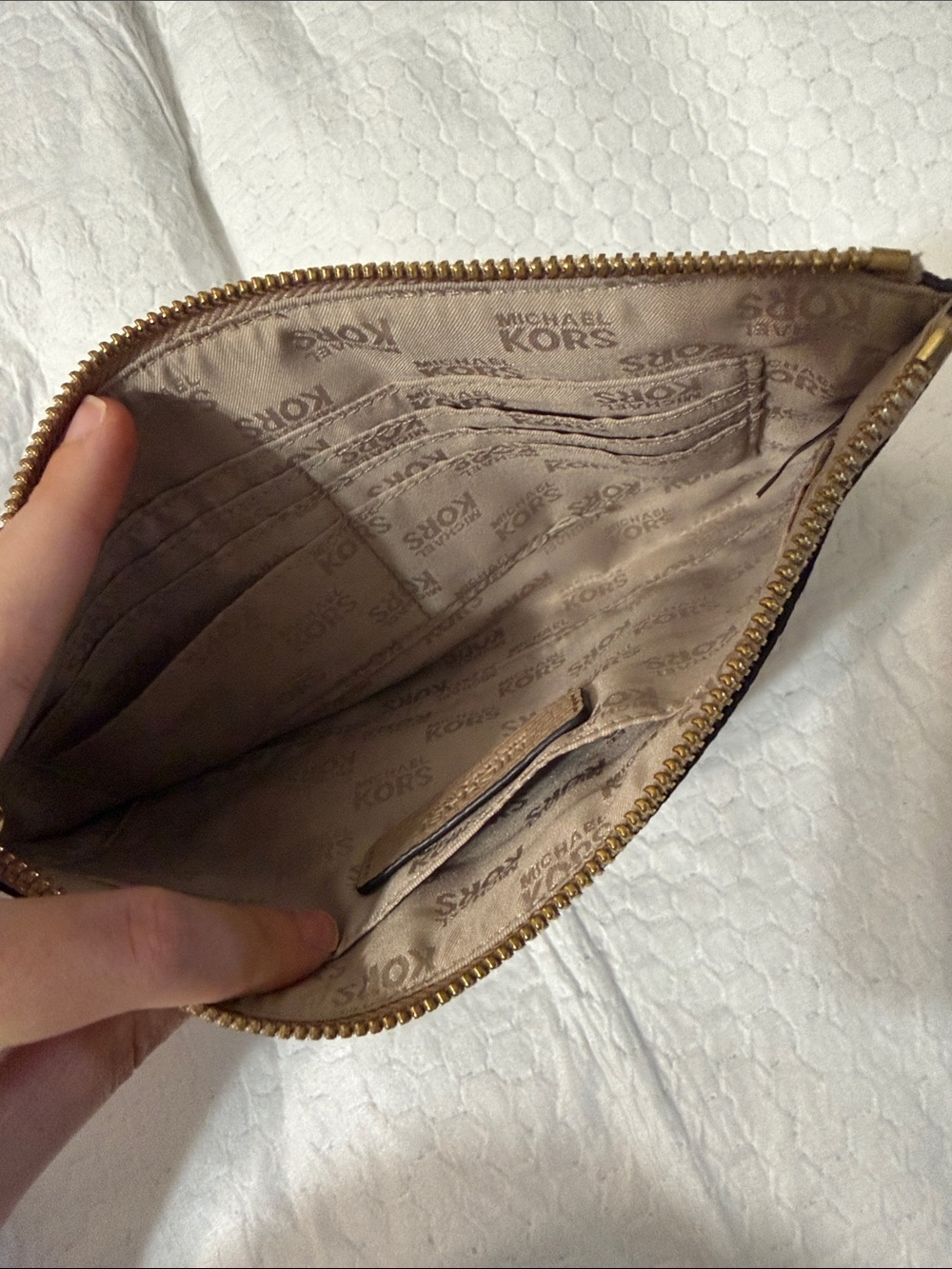 Michael Kors Beige Pebbled Leather Wristlet with Gold MK Emblem - Picture 10 of 10